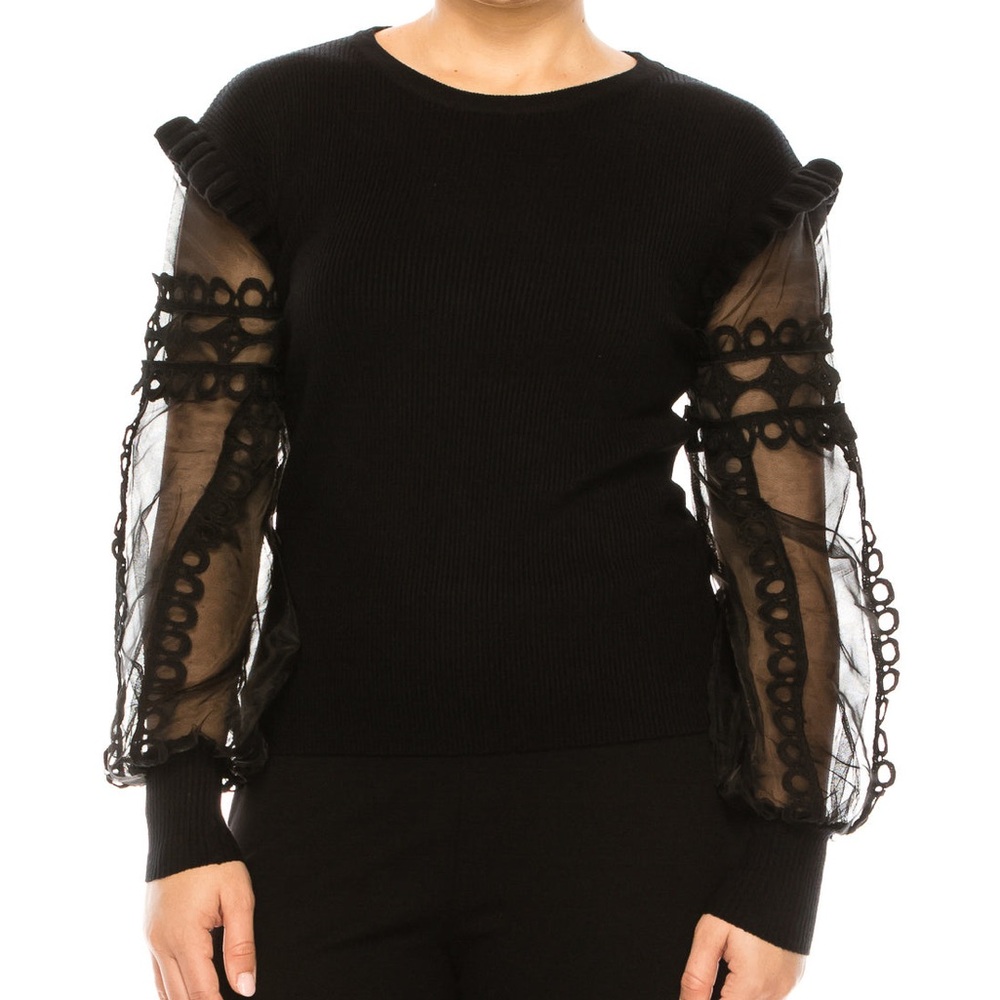 Sioni Black Blouse with Sheer Sleeves